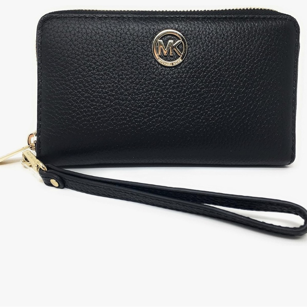 Michael Kors Black Fulton Leather Phone Case Wristlet with Goldtone hardware NWT